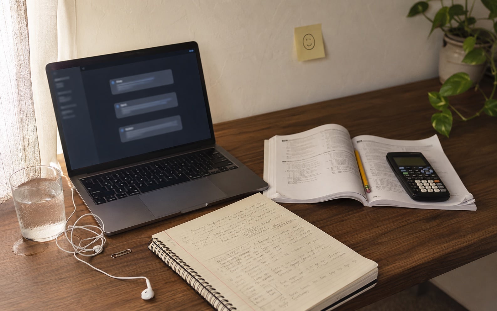 High school student studying for the SAT at a wood desk with a laptop, a printed practice test, and a graphing calculator — soft natural light, focused expression