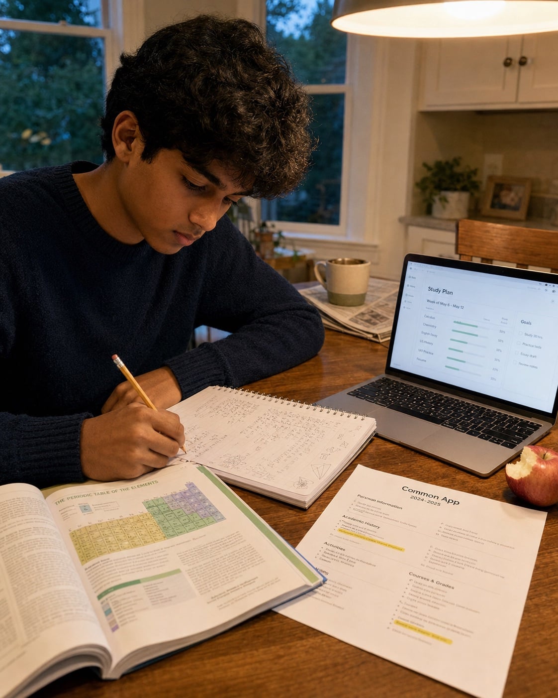 A high-school student at a kitchen table working across multiple subjects — chemistry textbook open, math problems in a notebook, laptop showing a personalized study plan — soft natural light, focused expression
