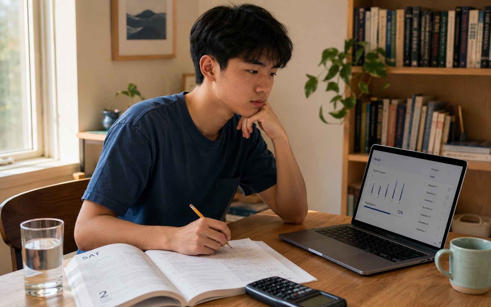 A high school student at a desk with a printed SAT practice test, a graphing calculator, and a laptop showing a personalized weekly study plan — soft natural light, focused expression — with handwritten notes in a margin.