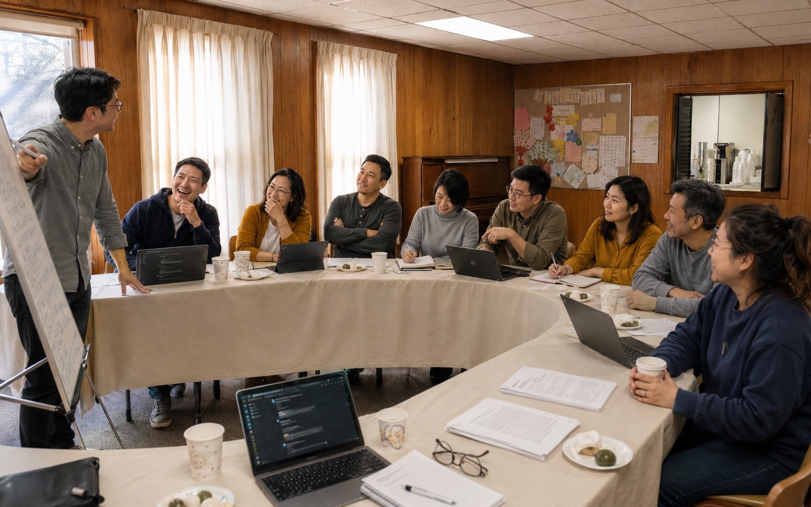 실제 4주 클래스 풍경 — 한인 학부모님들이 함께 모여 AI 를 배우는 모습. 따뜻한 커뮤니티 공간, 자연광 아래의 일상적인 분위기.