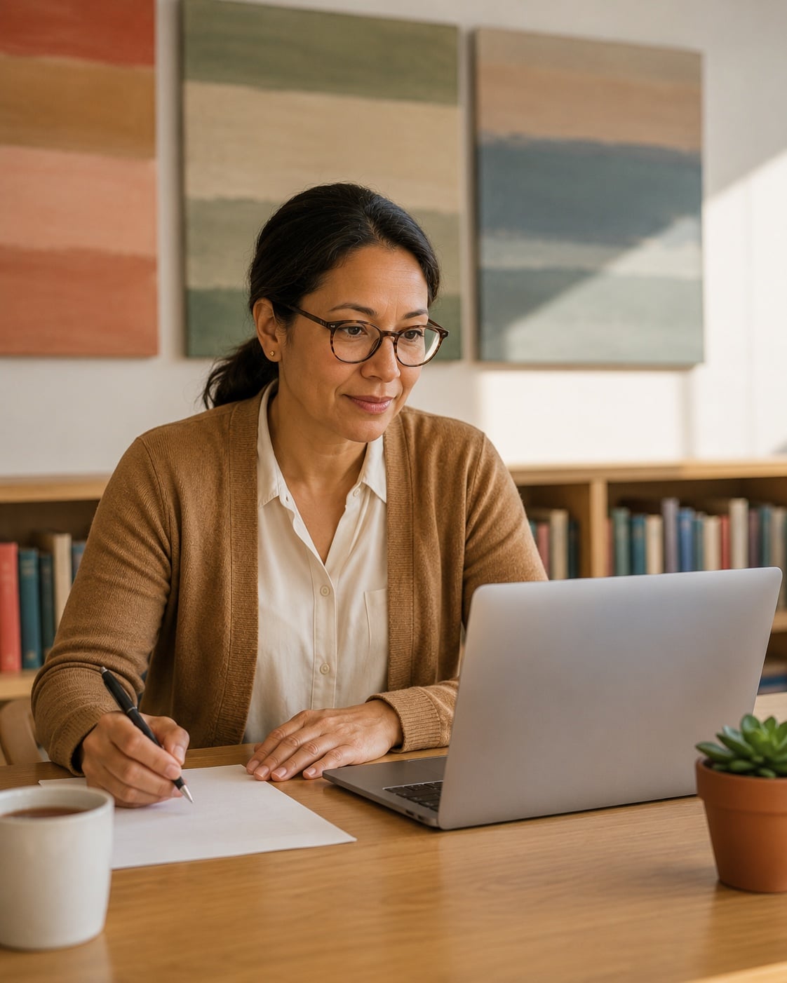 Teacher at her desk reviewing AI workflows on a laptop while making notes on a printed lesson plan — illustrating professional development in practice