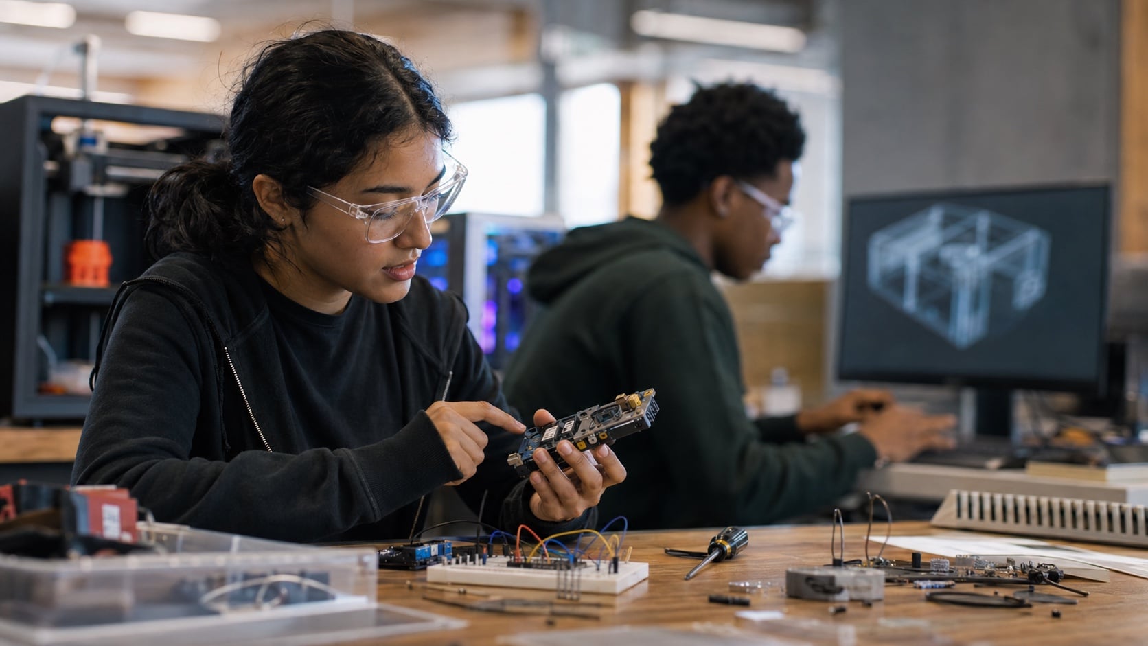 High school students in a maker lab examining a robotics prototype, working on a hardware AI agent