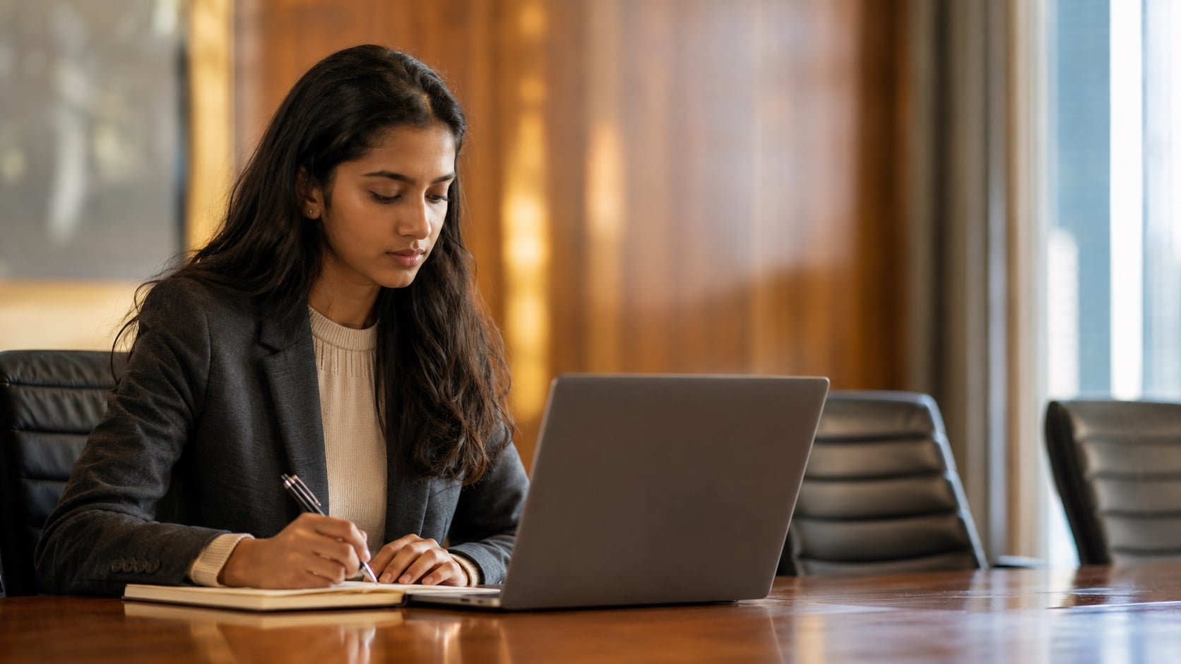 High school student in a wood-paneled conference room reviewing a contract on a laptop, working on a contract-review AI agent